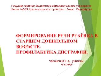 Формирование речи ребёнка в старшем дошкольном возрасте. Профилактика дисграфии. презентация к уроку по теме