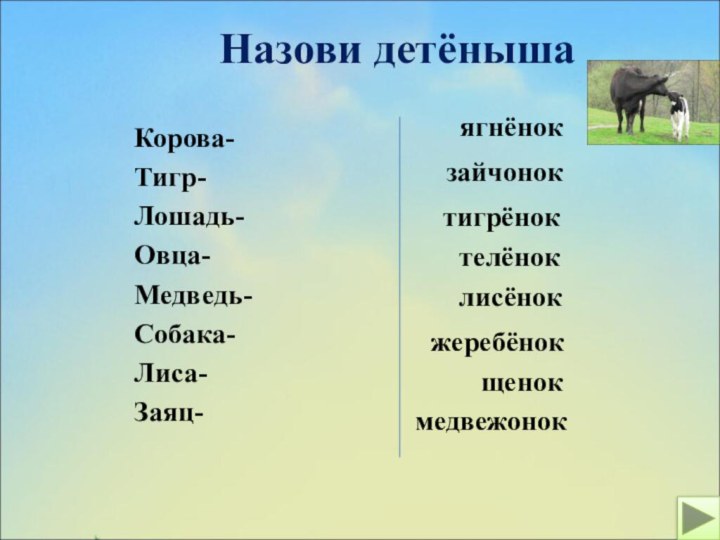 Назови детёнышаКорова-Тигр-Лошадь-Овца-Медведь-Собака-Лиса-Заяц-телёнокжеребёнокягнёнокщенокмедвежоноклисёнокзайчоноктигрёнок