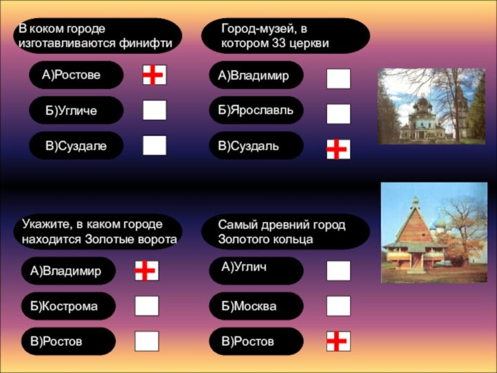 В коком городе изготавливаются финифтиА)РостовеБ)УгличеВ)СуздалеГород-музей, в котором 33 церквиА)ВладимирБ)ЯрославльВ)СуздальУкажите, в каком городе