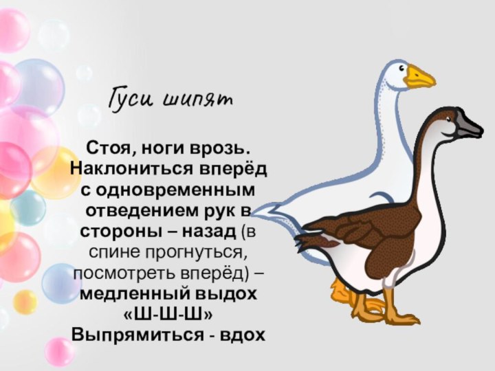 Гуси шипятСтоя, ноги врозь. Наклониться вперёд с одновременным отведением рук в стороны