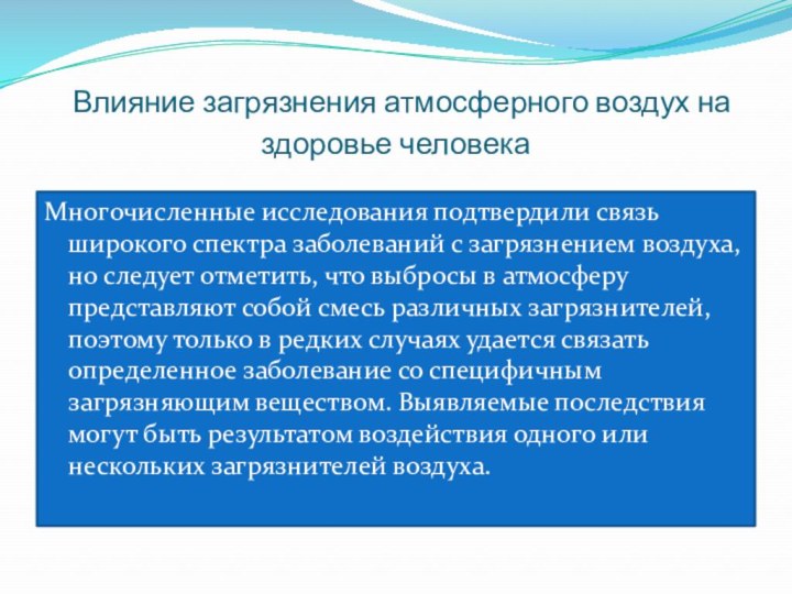 Влияние загрязнения атмосферного воздух на здоровье человека Многочисленные исследования подтвердили связь