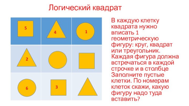 В каждую клетку квадрата нужно вписать 1 геометрическую фигуру: круг, квадрат или