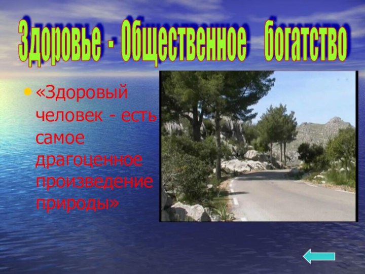 «Здоровый человек - есть самое драгоценное произведение природы»Здоровье - Общественное   богатство