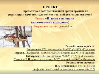 ПРОЕКТ предметно-пространственной среды группы по реализации самостоятельной совместной деятельности детей Тема Птичья столовая (изготовление кормушек) проект по конструированию, ручному труду (подготовительная группа) по теме