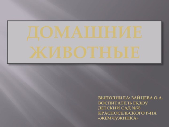 Домашние животныеВыполнила: Зайцева О.А.Воспитатель ГБДОУ Детский сад №78 Красносельского р-на «Жемчужинка»