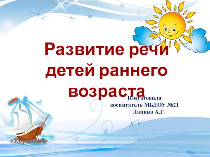 Развитие речи детей раннего возраста Подготовила  воспитатель МБДОУ №21    Лапина А.Г.