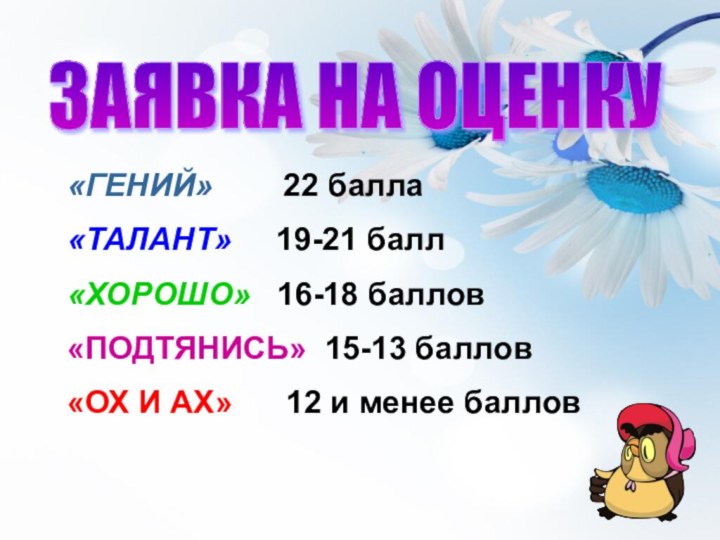 ЗАЯВКА НА ОЦЕНКУ «ГЕНИЙ»    22 балла«ТАЛАНТ»   19-21