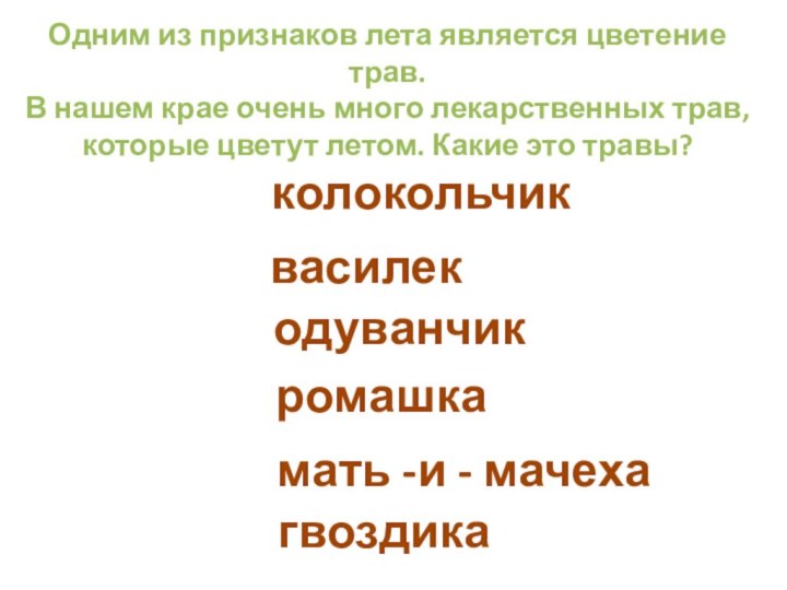 колокольчиквасилекодуванчикромашкамать -и - мачехагвоздикаОдним из признаков лета является цветение трав.В нашем крае