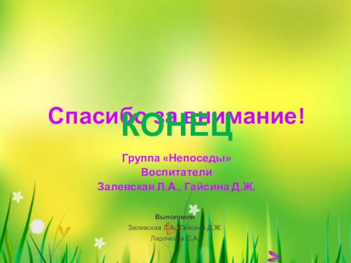 Спасибо за внимание!КОНЕЦГруппа «Непоседы»ВоспитателиЗалевская Л.А., Гайсина Д.Ж.ВыполнилиЗалевская Л.А., Гайсина Д.Ж.Ларочкина С.А.