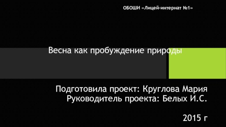 ОБОШИ «Лицей-интернат №1»Весна как пробуждение природыПодготовила проект: Круглова Мария Руководитель проекта: Белых И.С.2015 г