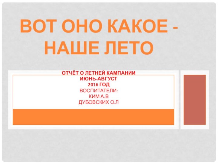 Отчёт о летней кампанииИюнь-август 2016 годВоспитатели:Ким А.ВДубовских О.ЛВОТ ОНО КАКОЕ -НАШЕ ЛЕТО