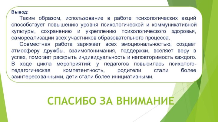 Вывод:	Таким образом, использование в работе психологических акций способствует повышению уровня психологической и