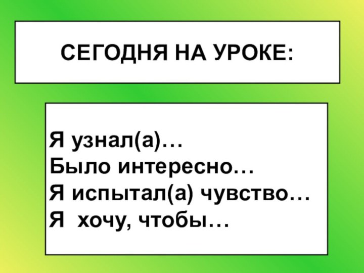 СЕГОДНЯ НА УРОКЕ:Я узнал(а)… Было интересно… Я испытал(а) чувство… Я хочу, чтобы…