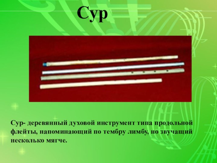 СурСур- деревянный духовой инструмент типа продольной флейты, напоминающий по тембру лимбу, но звучащий несколько мягче.