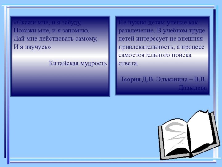 «Скажи мне, и я забуду,Покажи мне, и я запомню.Дай мне действовать самому,