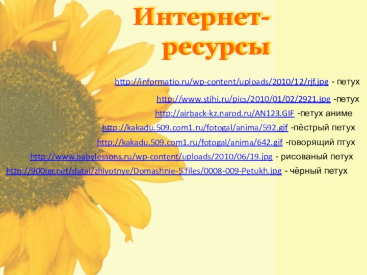 http:///datai/zhivotnye/Domashnie-5.files/0008-009-Petukh.jpg - чёрный петухhttp://www.stihi.ru/pics/2010/01/02/2921.jpg -петухhttp://airback-kz.narod.ru/AN123.GIF -петух анимеhttp://kakadu.509.com1.ru/fotogal/anima/592.gif -пёстрый петухhttp://kakadu.509.com1.ru/fotogal/anima/642.gif -говорящий птухhttp://informatio.ru/wp-content/uploads/2010/12/rjf.jpg - петухhttp://www.babylessons.ru/wp-content/uploads/2010/06/19.jpg - рисованый петухИнтернет-ресурсы