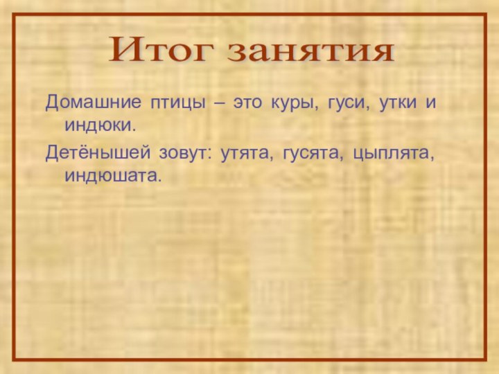 Домашние птицы – это куры, гуси, утки и индюки.Детёнышей зовут: утята, гусята, цыплята, индюшата.Итог занятия