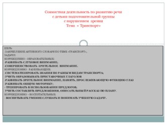 Совместная деятельность по развитию речи с детьми подготовительной группы с нарушением зрения, тема Транспорт презентация к занятию по логопедии (подготовительная группа) по теме