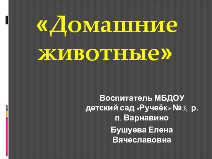 «Домашние животные» Воспитатель МБДОУ детский сад «Ручеёк» №3, р.п. ВарнавиноБушуева Елена Вячеславовна