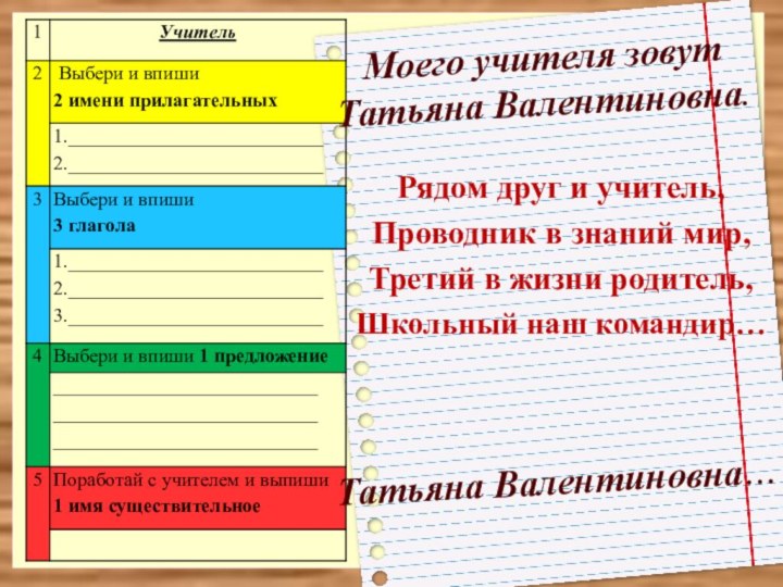 Рядом друг и учитель,Проводник в знаний мир,Третий в жизни родитель,Школьный наш командир…Моего учителя зовутТатьяна Валентиновна.Татьяна Валентиновна…