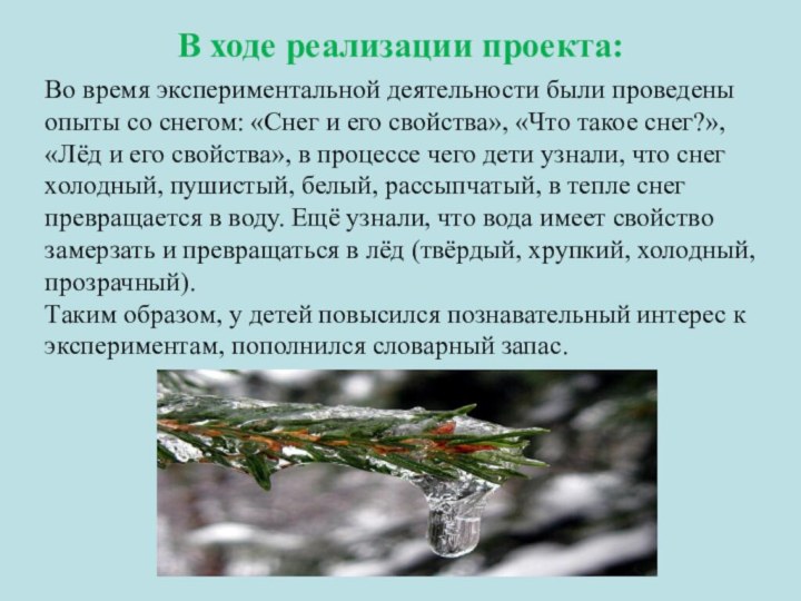 В ходе реализации проекта:    Во время экспериментальной деятельности были