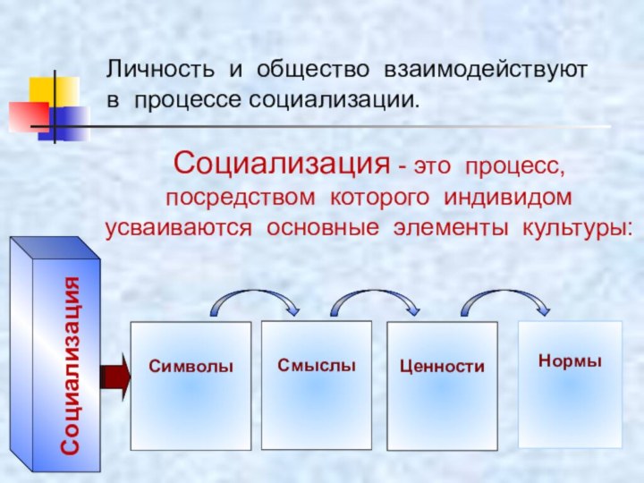 Социализация - это процесс, посредством которого индивидом усваиваются основные элементы культуры:Личность и