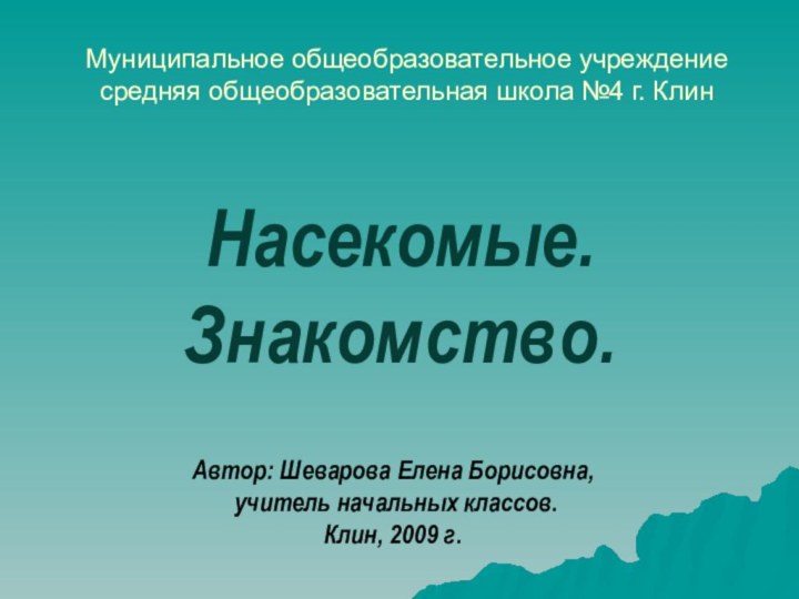 Муниципальное общеобразовательное учреждение средняя общеобразовательная школа №4 г. КлинНасекомые. Знакомство.Автор: Шеварова Елена