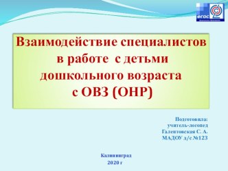 Взаимодействие специалистов в работе с детьми дошкольного возраста с ОВЗ (ОНР) презентация к уроку по логопедии (младшая, средняя, старшая, подготовительная группа)