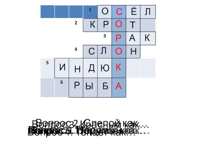 Вопрос 1. Упрямый как… Вопрос 2. Слепой как… Вопрос 3. Красный