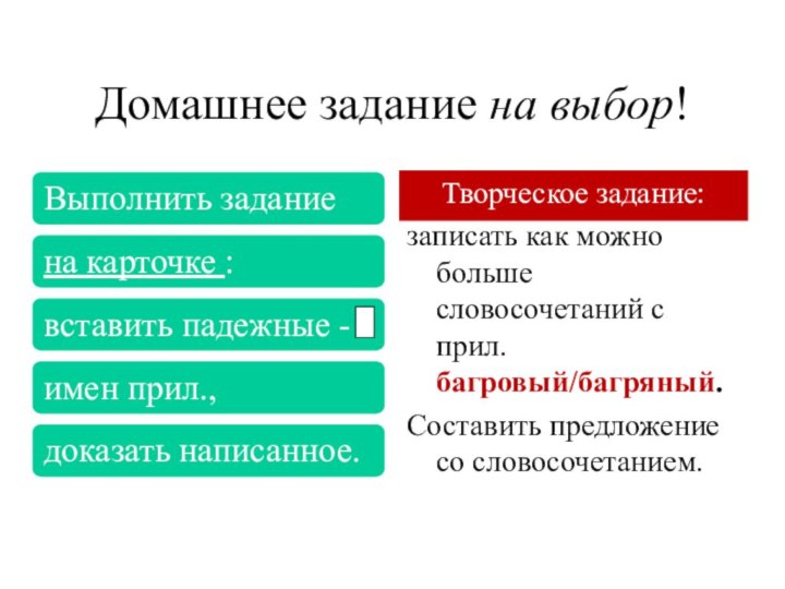 Домашнее задание на выбор!Творческое задание:записать как можно больше словосочетаний с прил. багровый/багряный.Составить предложение со словосочетанием.