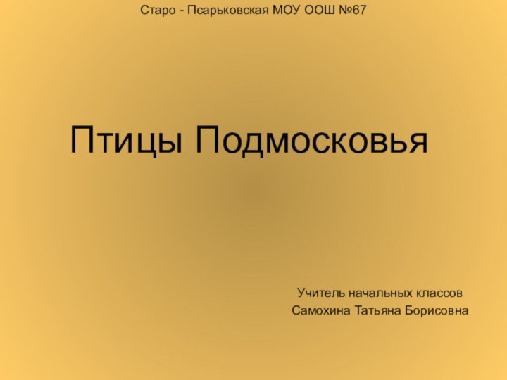 Птицы ПодмосковьяУчитель начальных классовСамохина Татьяна БорисовнаСтаро - Псарьковская МОУ ООШ №67