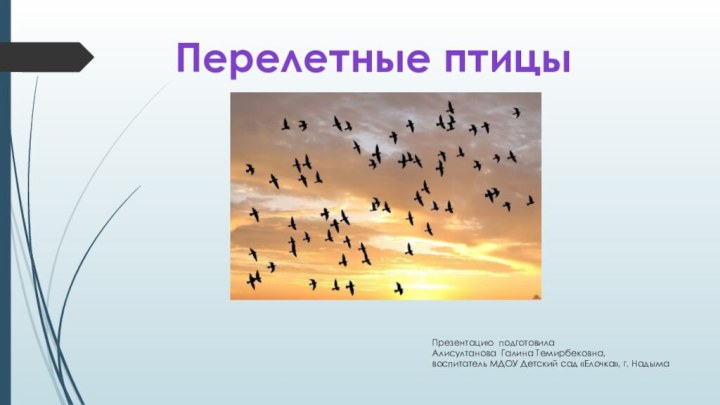 Презентацию подготовилаАлисултанова Галина Темирбековна,воспитатель МДОУ Детский сад «Елочка», г. НадымаПерелетные птицы