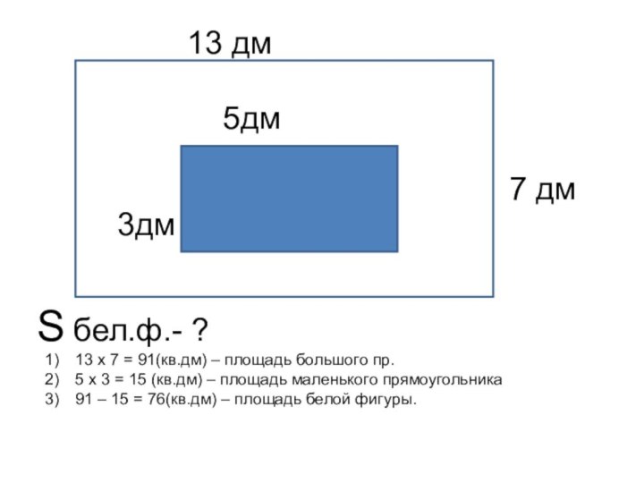 13 дм7 дм5дм3дмS бел.ф.- ?13 х 7 = 91(кв.дм) – площадь большого