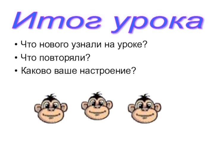 Что нового узнали на уроке?Что повторяли?Каково ваше настроение?Итог урока