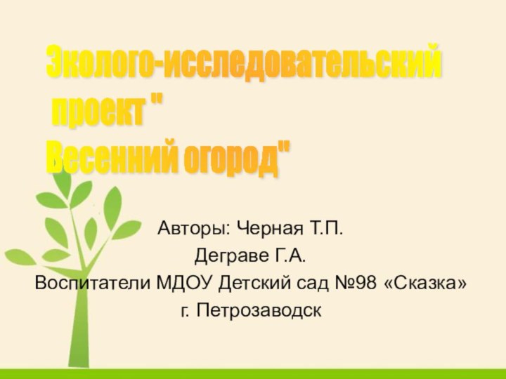 Авторы: Черная Т.П.Деграве Г.А.Воспитатели МДОУ Детский сад №98 «Сказка»г. ПетрозаводскЭколого-исследовательский