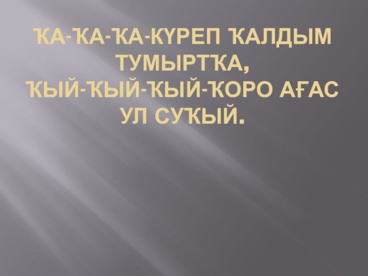 Ҡа-ҡа-ҡа-күреп ҡалдым тумыртҡа, Ҡый-ҡый-ҡый-ҡоро ағас ул суҡый.