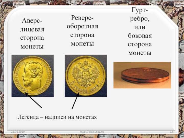 Аверс-лицевая сторона монетыhttp://aida.ucoz.ruРеверс-оборотная сторона монетыГурт- ребро, или боковая сторона монетыЛегенда – надписи на монетах