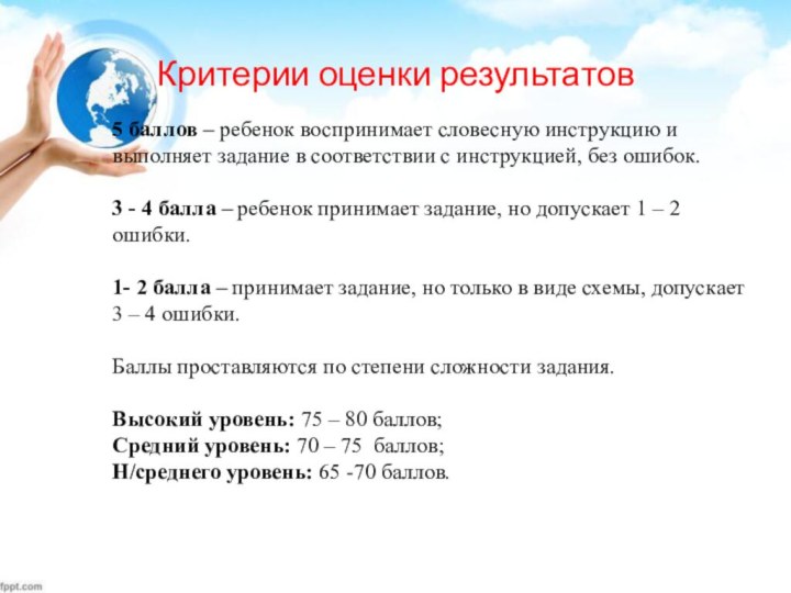 Критерии оценки результатов5 баллов – ребенок воспринимает словесную инструкцию и выполняет задание