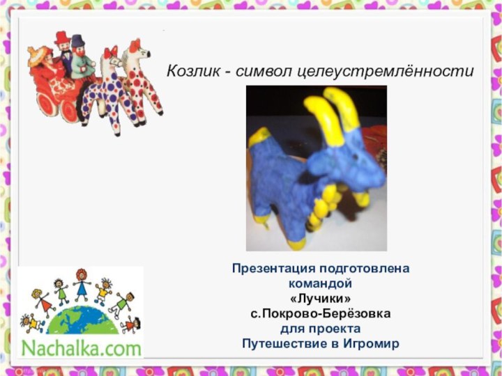 Козлик - символ целеустремлённостиПрезентация подготовленакомандой «Лучики» с.Покрово-Берёзовка для проектаПутешествие в ИгромирФото вашей поделки(только авторское)