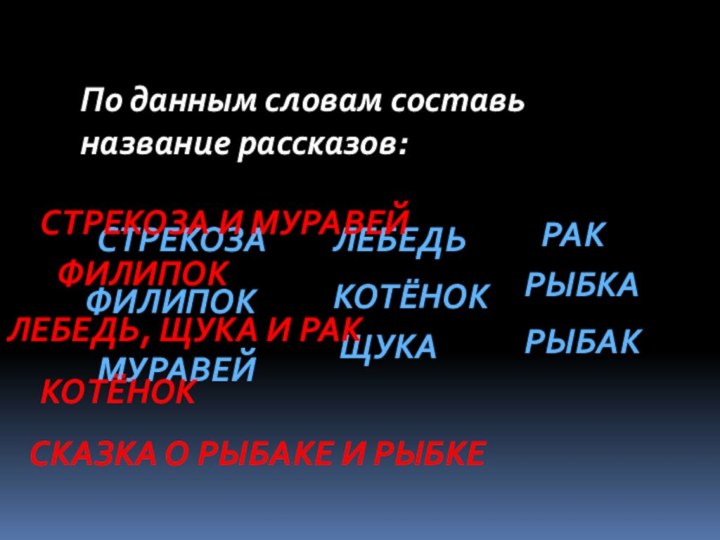 По данным словам составь название рассказов:ФИЛИПОКСТРЕКОЗАМУРАВЕЙЛЕБЕДЬКОТЁНОКЩУКАРАКРЫБКАРЫБАКСТРЕКОЗА И МУРАВЕЙФИЛИПОКЛЕБЕДЬ, ЩУКА И РАККОТЁНОКСКАЗКА О РЫБАКЕ И РЫБКЕ