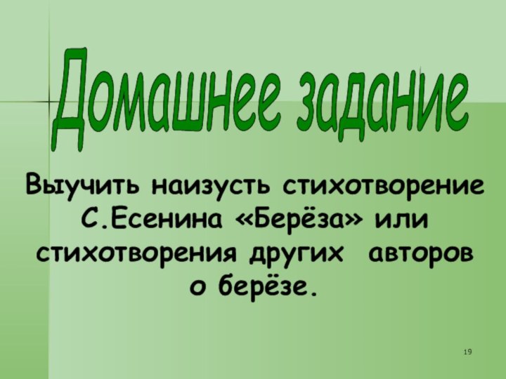 Домашнее задание Выучить наизусть стихотворение С.Есенина «Берёза» или стихотворения других авторов о берёзе.