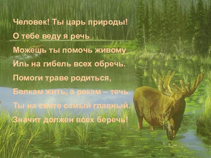 Человек! Ты царь природы!О тебе веду я речьМожешь ты помочь живомуИль на