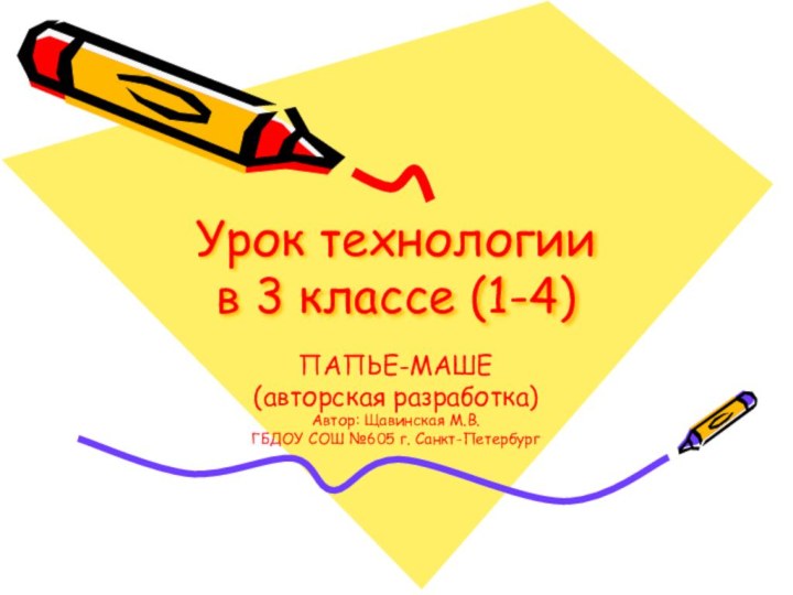 Урок технологии  в 3 классе (1-4)ПАПЬЕ-МАШЕ(авторская разработка)Автор: Щавинская М.В.ГБДОУ СОШ №605 г. Санкт-Петербург