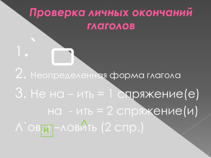 Проверка личных окончаний глаголов1.`2. Неопределенная форма глагола3. Не на – ить =