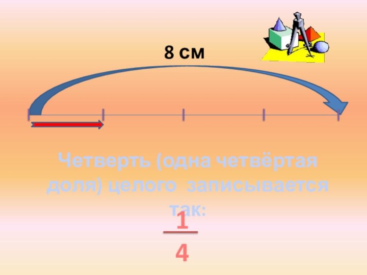 8 смЧетверть (одна четвёртая доля) целого записывается так:14
