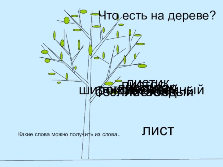 Какие слова можно получить из слова..Что есть на дереве?листлиствалистиклисточеклистопадбезлиственныйлиственныйшироколиственныйлистоклистоед