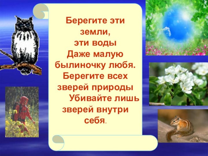 Берегите эти земли, эти водыДаже малую былиночку любя.Берегите всех зверей природы