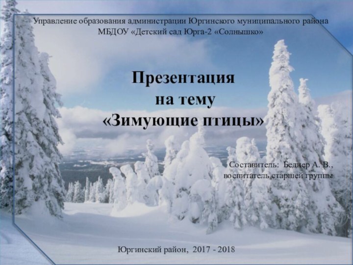 Презентация на тему«Зимующие птицы»Управление образования администрации Юргинского муниципального районаМБДОУ «Детский сад Юрга-2