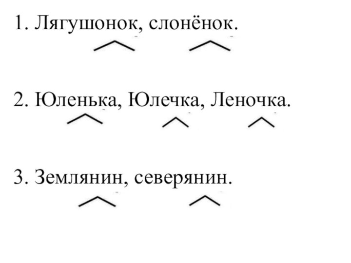 1. Лягушонок, слонёнок.2. Юленька, Юлечка, Леночка.3. Землянин, северянин.