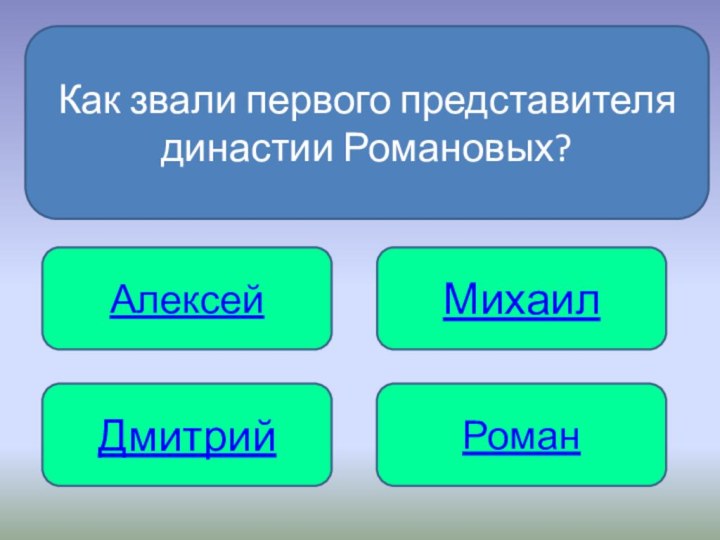 АлексейДмитрийМихаил Роман Как звали первого представителя династии Романовых?